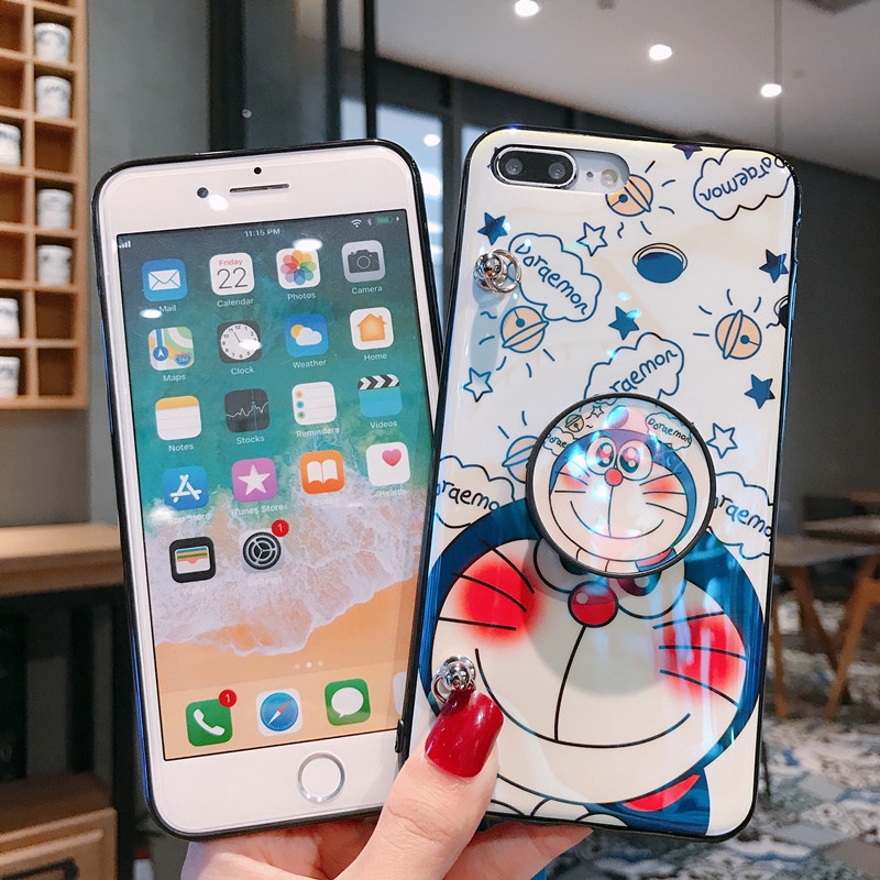 Ốp điện thoại mềm trang trí hoạt hình Doremon kèm dây đeo vai và đệm đỡ cho iPhone 11 Pro Max X XS XR 8 7 6 6S Plus