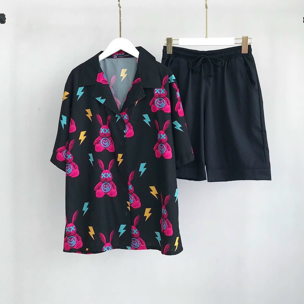 Áo Sơ Mi Tay Ngắn Họa Tiết BAD RABBIT Tay Lỡ, FORM UNISEX Dưới 70kg Mặc Cặp, Nhóm, Đi Biển