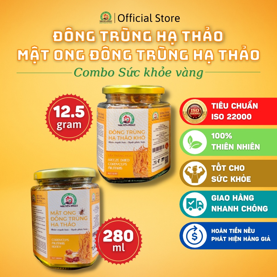 Combo cao cấp mật ong ngâm Đông trùng hạ thảo Nguyên Phát hộp 280 ml + Đông trùng hạ thảo sấy thăng hoa 12.5gr