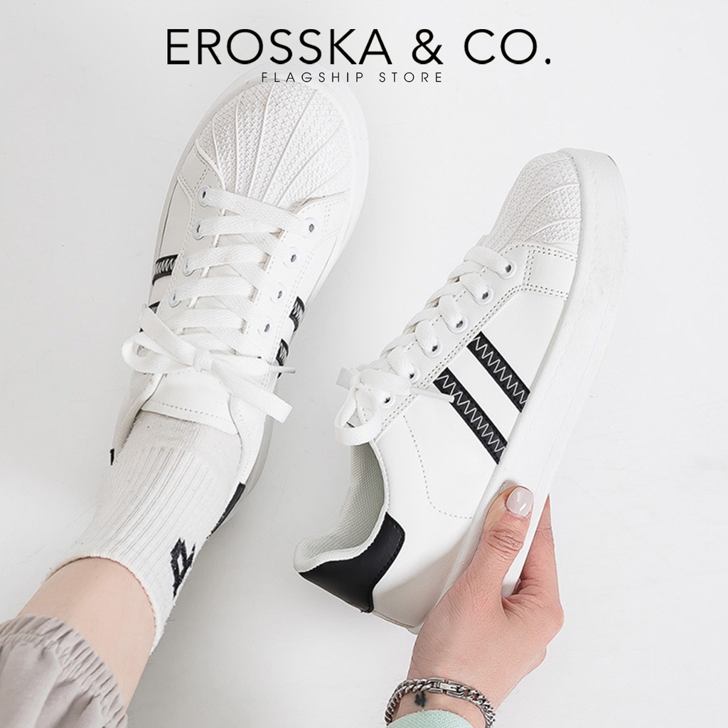 Erosska - Giày sneaker đi học 2 sọc phong cách basic màu trắng phối xám - GS005