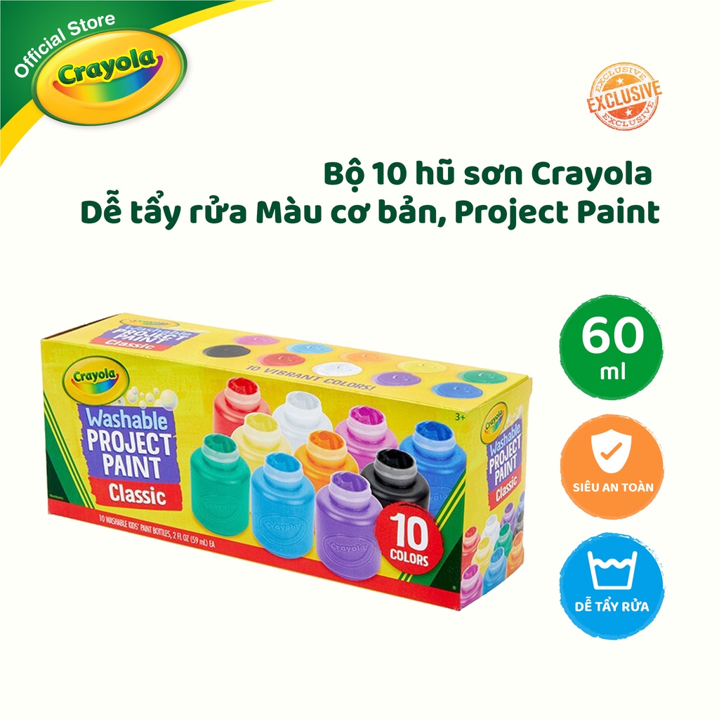 Bộ 10 hũ sơn 59ml Crayola Dễ tẩy rửa Màu cơ bản, Project Paint - 541205