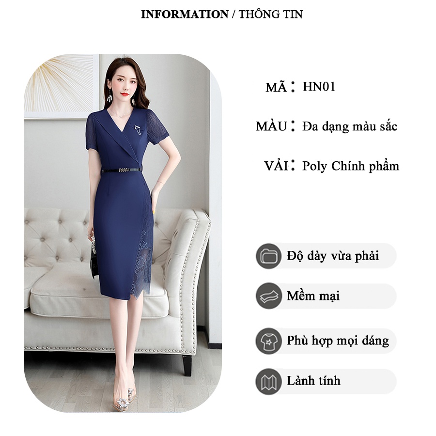 Đầm dự tiệc WOB cổ vest phối ren sang trọng phong cách Hàn Quốc vải poly dày dặn co giãn tốt HN01 - WB WOMAN & BEAUTY
