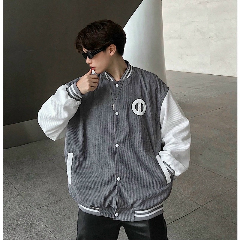 Áo Khoác Bomber Nhung Gân Tăm phối 2 lớp T-A-N Thêu ONTOP from rộng Hàn Quốc AKN01 màu xám phối trắng