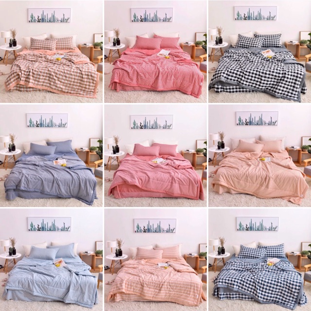 Bộ Chăn Ga Gối Cotton Đũi Kẻ HIN BEDDING Mềm Mịn Thấm Hút Mồ Hôi, Chăn Ga Gối Cotton Cao Cấp