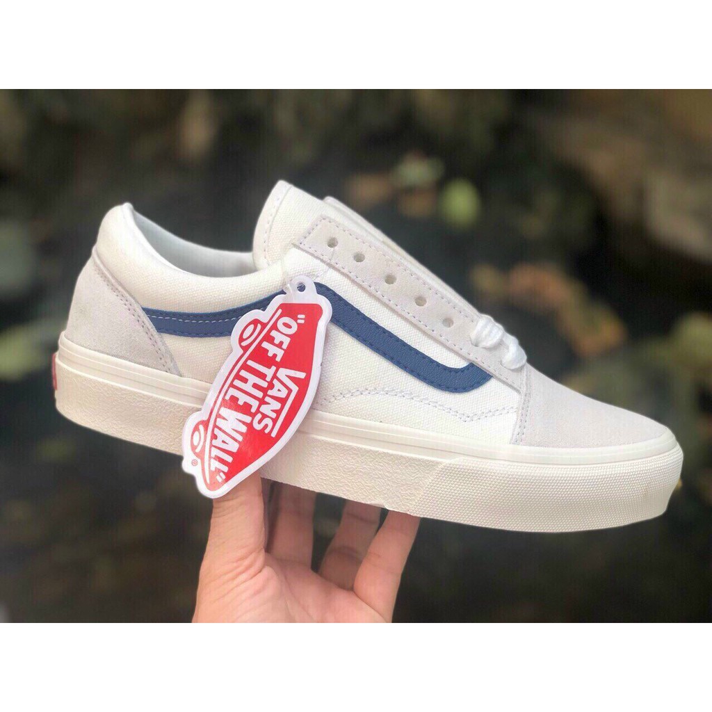 [Tặng Kèm Hộp + Vớ Xinh] Giày Sneakers Vans Trắng Xám Sọc Xanh Dương Da Lộn R11 Giày Vans Style 36 Siêu Đẹp