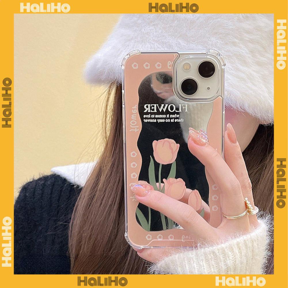 iPhone Case Acrylic Reflective Mirror Airbag Shockproof Protection Camera Pink Tulip Flower Compatible with iPhone 11 iPhone 13 Pro Max iPhone 12 Pro Max iPhone 7 Plus iPhone xr