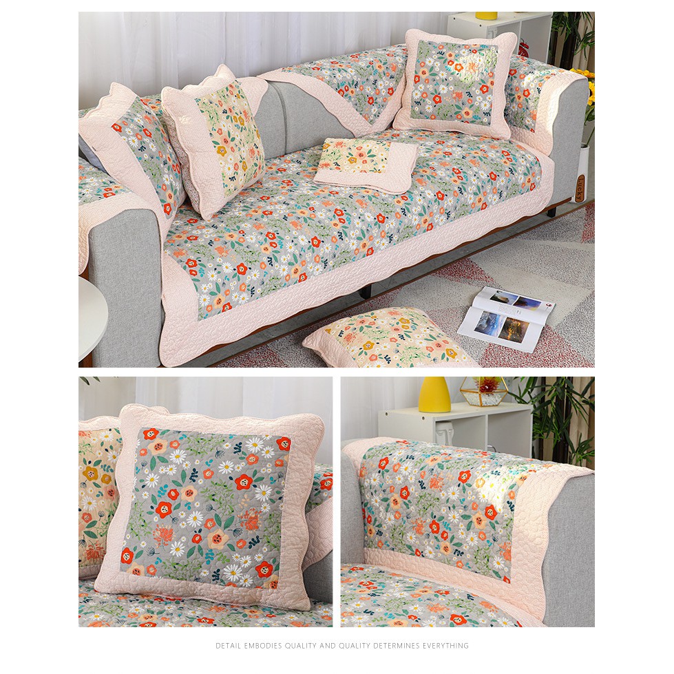 Thảm trang trí sofa, đặt may, thảm đa năng, 100% cotton, Hoa cỏ mùa xuân