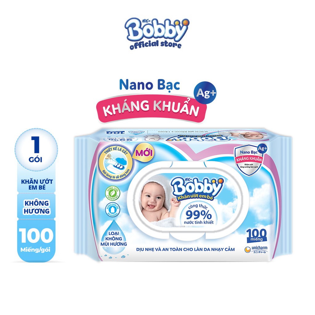 [Mã FMCG80 giảm 10% đơn từ 400K] Khăn ướt Bobby không mùi 100 miếng (Xanh)