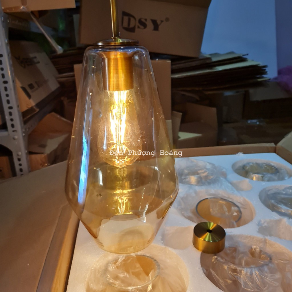 Đèn thả đuôi đồng chao thuỷ tinh màu trà trang trí cực đẹp - Đèn Phượng Hoàng