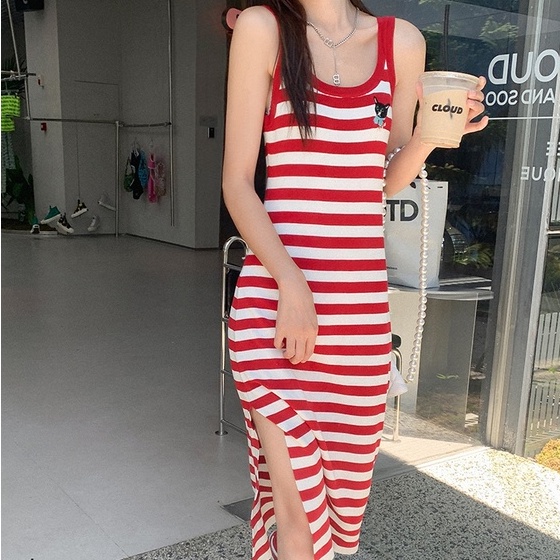 Đầm dệt kim ZHELIHANGFEI dáng dài xẻ tà họa tiết kẻ sọc phong cách thời trang quyến rũ cho nữ