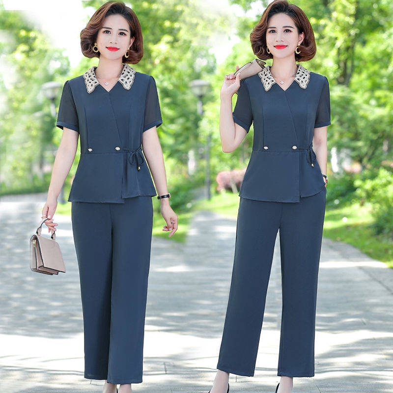 Set Đồ Bộ Hai Mảnh Vải Voan Dáng Rộng Thời Trang Mùa Hè Cho Phụ Nữ Trung Niên 2021