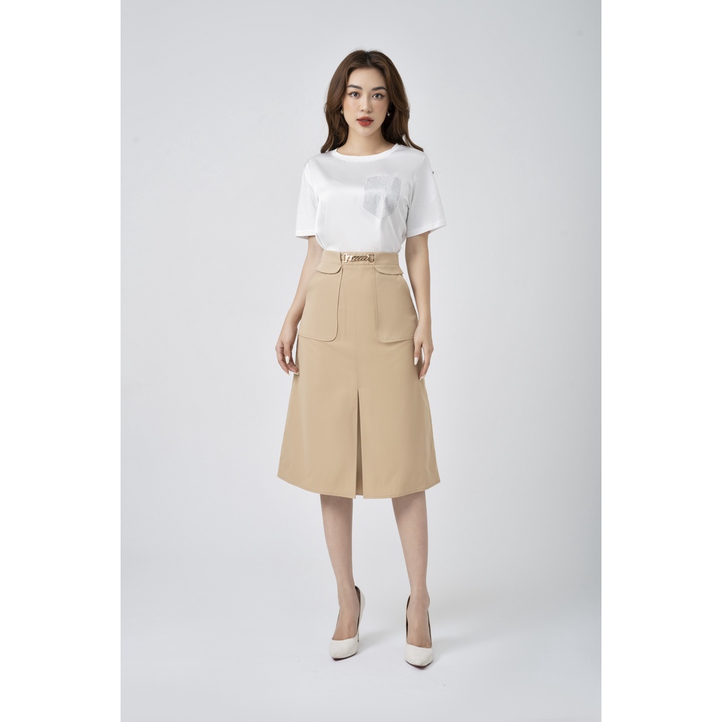 Chân váy nữ dáng A dài đẹp công sở nữ  xếp ly trước cạp bong kẹp đai FIONA F252195