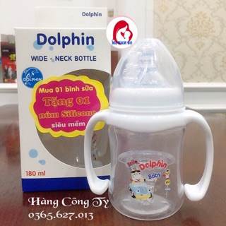 Bình Cổ Rộng Dolphin Có Tay Cầm 180ml ♥️TẶNG KÈM MÚM ♥️ An toàn cho bé, siêu tiết kiệm cho mẹ