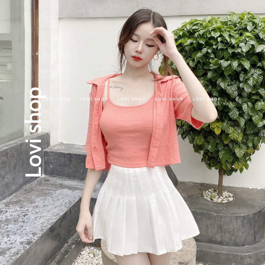 LOVI SHOP - Set áo croptop sơ mi+ áo hai dây basic thun tăm gân mềm LOVI