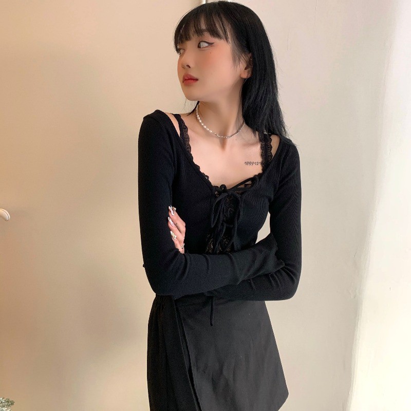 Set áo 2 dây ren croptop màu đen + áo khoác cardigan tay dài nút form ngắn ulzzang