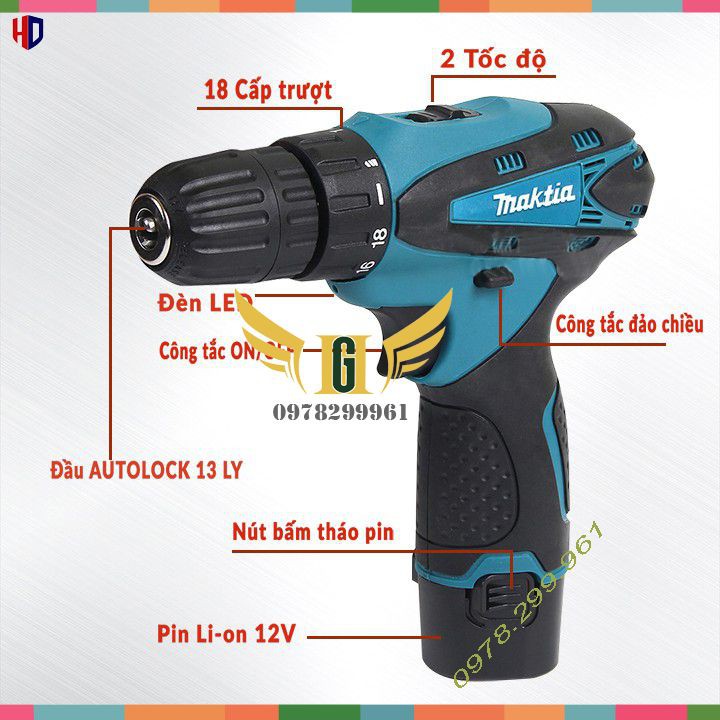 Máy Khoan Pin Makita 12V + Tặng Bộ Phụ Kiện Cao Cấp