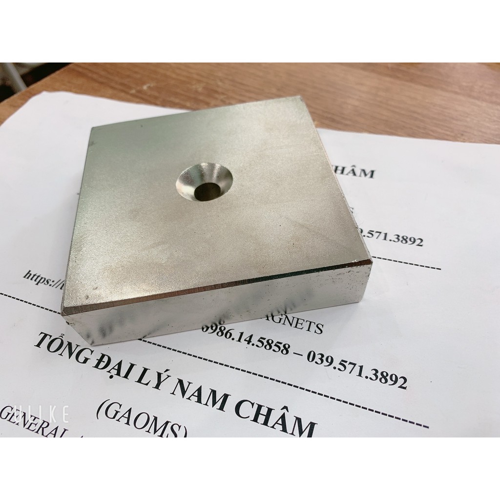 Nam châm khối siêu mạnh 95x95x25mm có lỗ 8mm, nam châm siêu to khổng lồ lực hút mạnh có lỗ