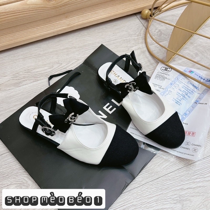 Sandal cn mũi đen quai nơ ngang đế bằng fullbox