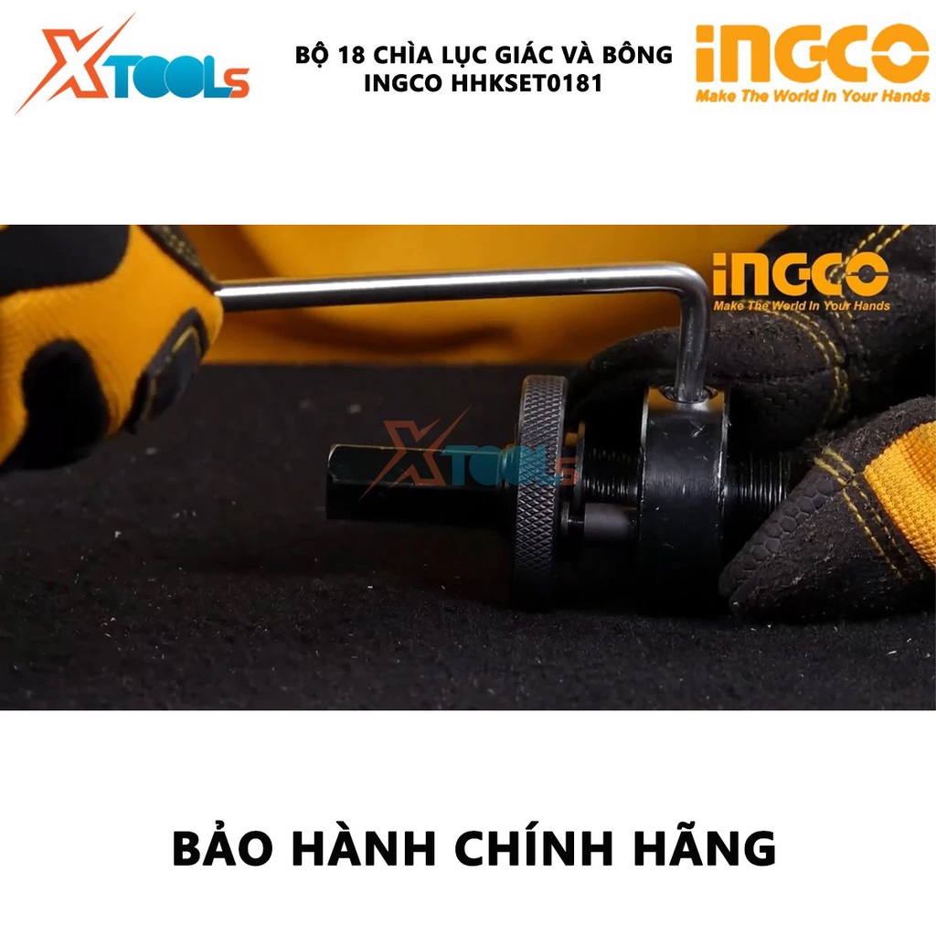 Bộ 18 chìa khóa thông minh INGCO HHKSET0181 Bộ chìa khóa HEX và Torx 18 chi tiết Chất liệu Cr-V, tấm chrome 9 Khóa Hex K