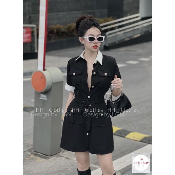Váy kaki mix cổ trắng kèm đai