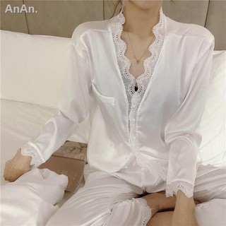 ☽♝■Bộ quần áo tay dài vải lụa mỏng phối ren kiểu Hàn Quốc thời trang xuân thu cho nữ