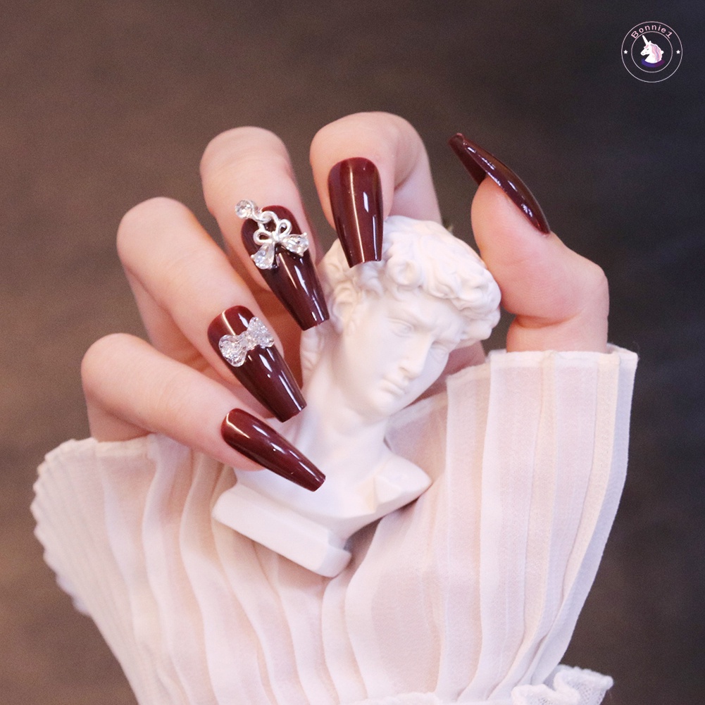 Bộ Móng Tay Giả 3D Kiểu Pháp Dáng Dài Màu Rượu Vang Đỏ Rượu Vang Có Thể Tháo Rời Tiện Dụng Cho Salon DIY