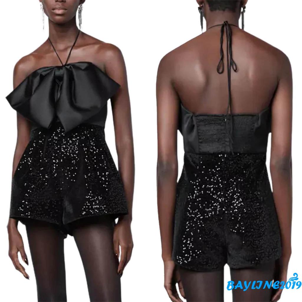 Áo Liền Quần Ngắn Không Tay Cổ Yếm Đính Nơ Lấp Lánh Dành Cho Nữ