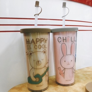 Ly nhựa 2 Lớp moshi Cute Có Ống Hút