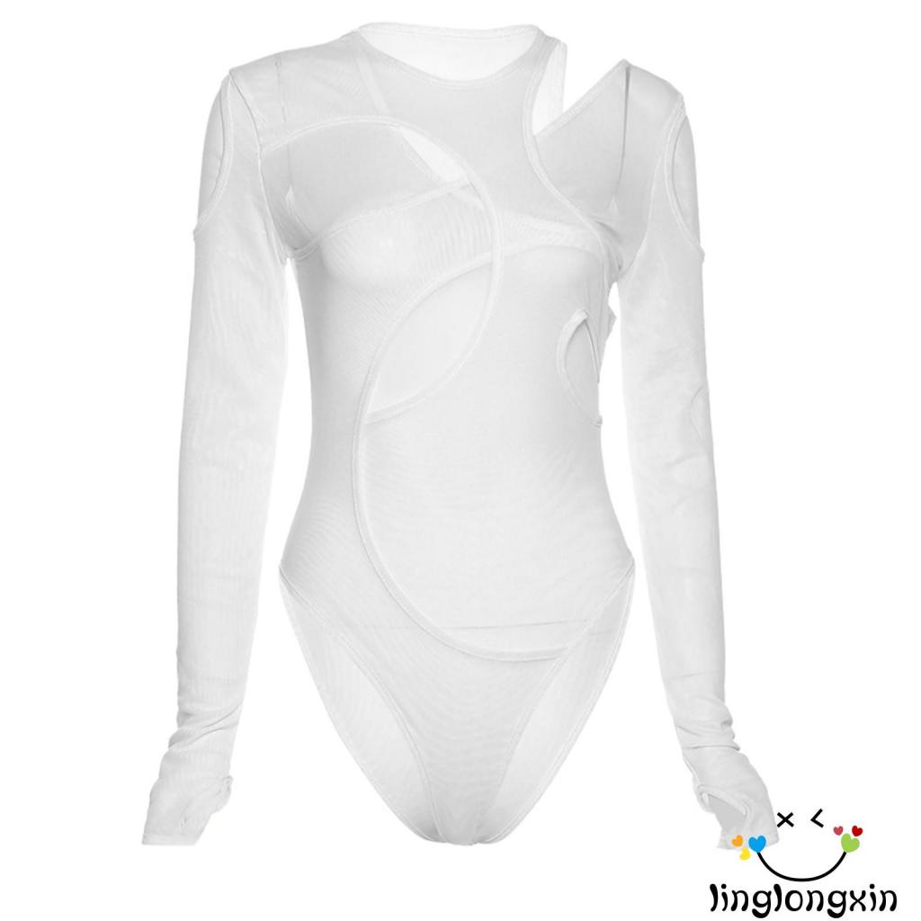 Bộ Áo Liền Quần Tam Giác Tay Dài Màu Trơn Xuyên Thấu Thời Trang Mùa Xuân Cho Nữ Linglongxi2