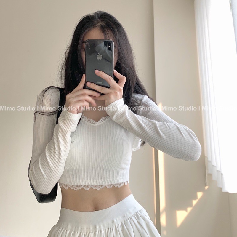 Len croptop hở lưng viền ren