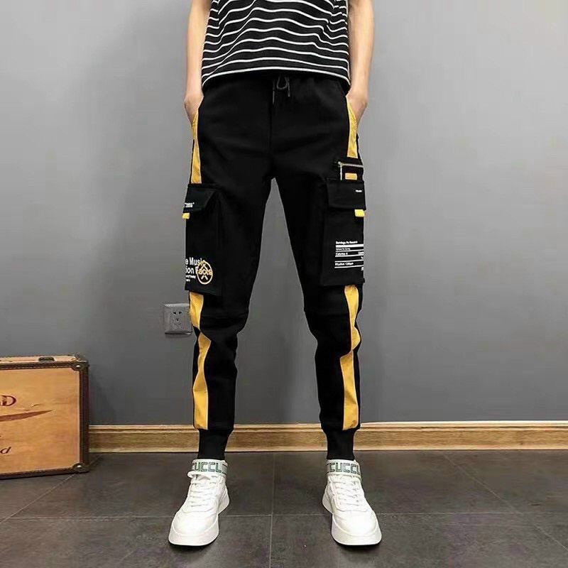 Quần dài kaki túi hộp viền vàng Nam Đen Trơn Cao Cấp Unisex QJ01