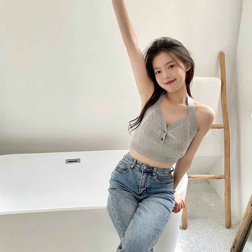 Áo Croptop Dệt Kim Khuy Cài Ngực, Cổ Yếm Hàng Cao Cấp Siêu Xinh