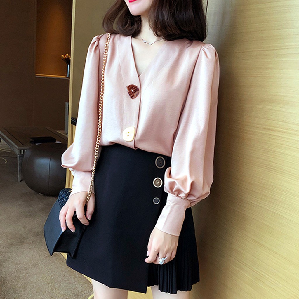 Áo sơ mi nữ cổ V tay bồng đẹp kiểu Hàn Quốc