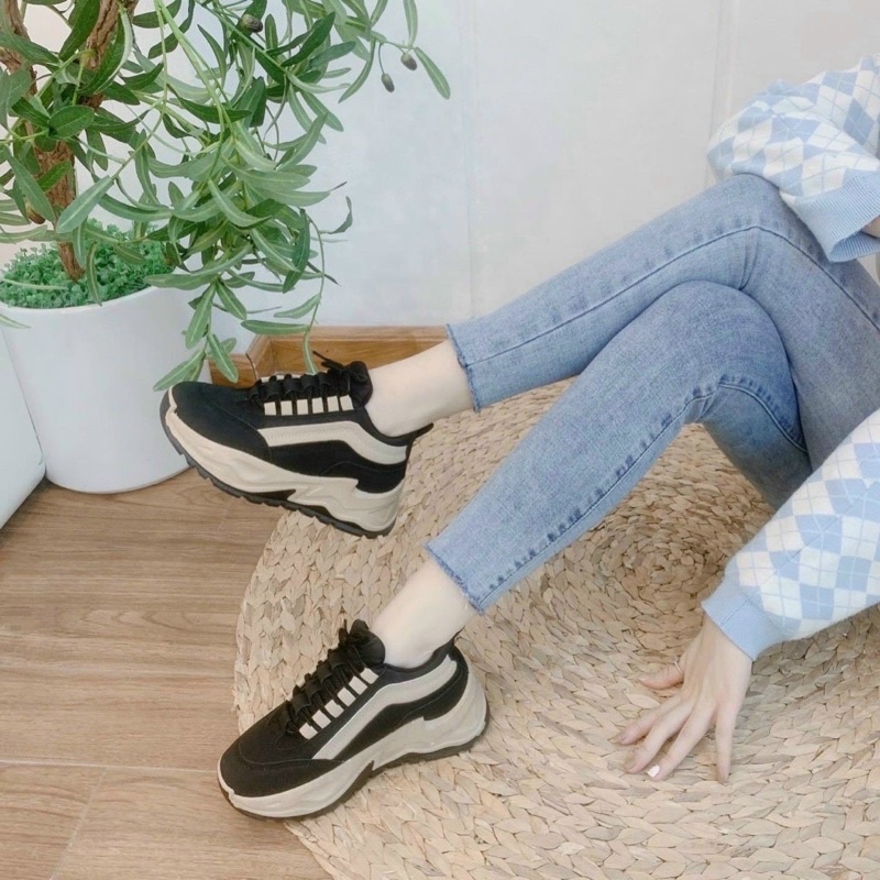 Giày thể thao nâng đế 5p siêu hot cao cấp loại 1, giày sneaker đen pha nâu kiểu dáng trẻ trung dễ phối đồ nữ