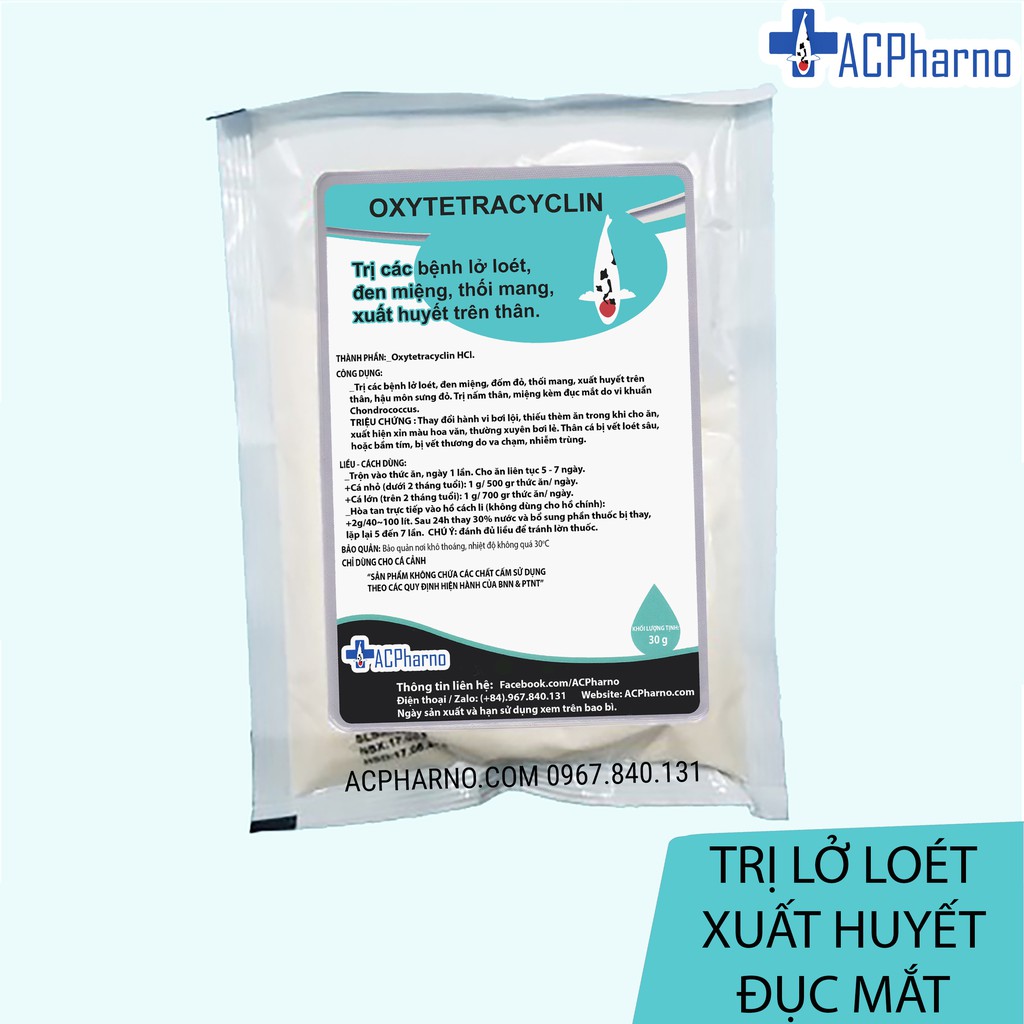 Thuốc phòng và chữa trị lở loét, xuất huyết trên thân, nhiễm trùng cho cá chép Koi - Oxytetracycline 30g trên cá Koi