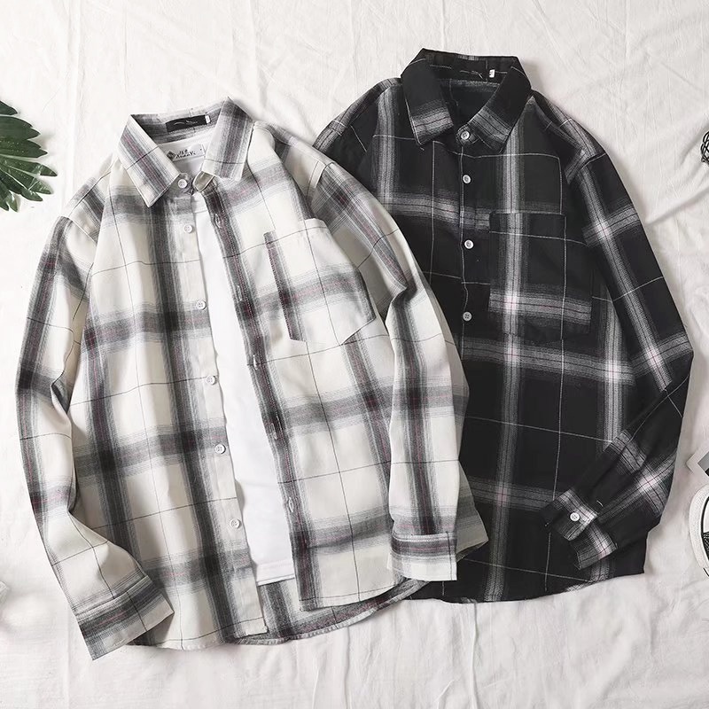 Áo Sơ Mi Caro Tay Dài Dáng Rộng Phong Cách Vintage Thời Trang Hàn Quốc Cho Nam Nữ