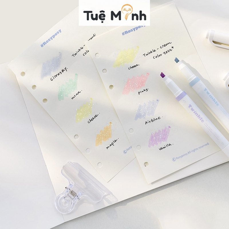 Bộ 4 bút higlight 2 đầu nhũ kim tuyến Twinkle B43 màu dạ quang ánh kim bút nhớ Pastel