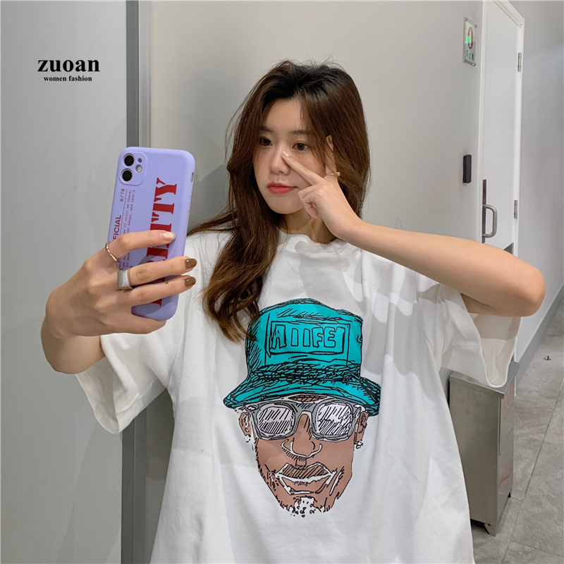 SUXI Áo sơ mi in chân dung cổ điển dài vừa phải tay lửng thời trang