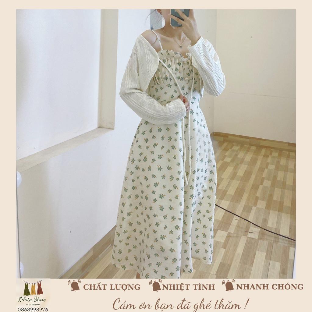 Váy hai Dây Hoa Nhí kết hợp Áo Khoác Cardigan LiLuta Store Phong Cách Hàn Quốc , Set Váy Hoa Nhí Nữ -Liluta VH01