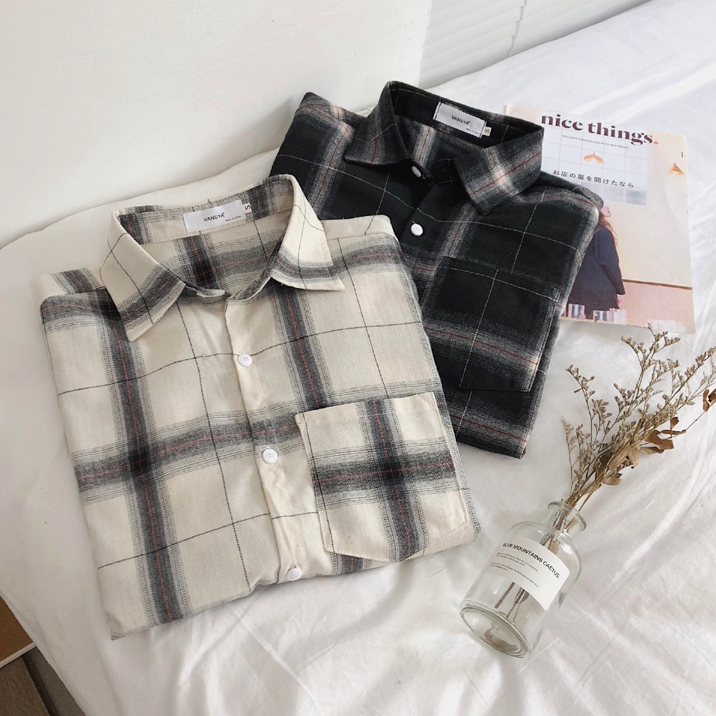 Áo sơ mi tay dài họa tiết kẻ caro phong cách Nhật Bản cho nam | BigBuy360 - bigbuy360.vn