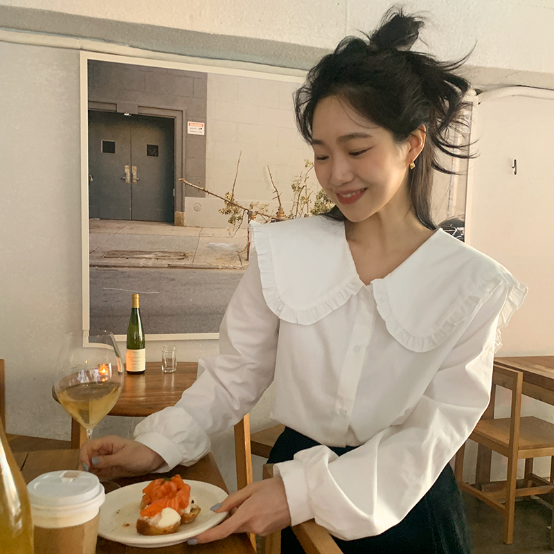 Áo Sơ Mi Trắng Dáng Rộng Cổ Bèo Phong Cách Hàn Quốc Nữ Tính