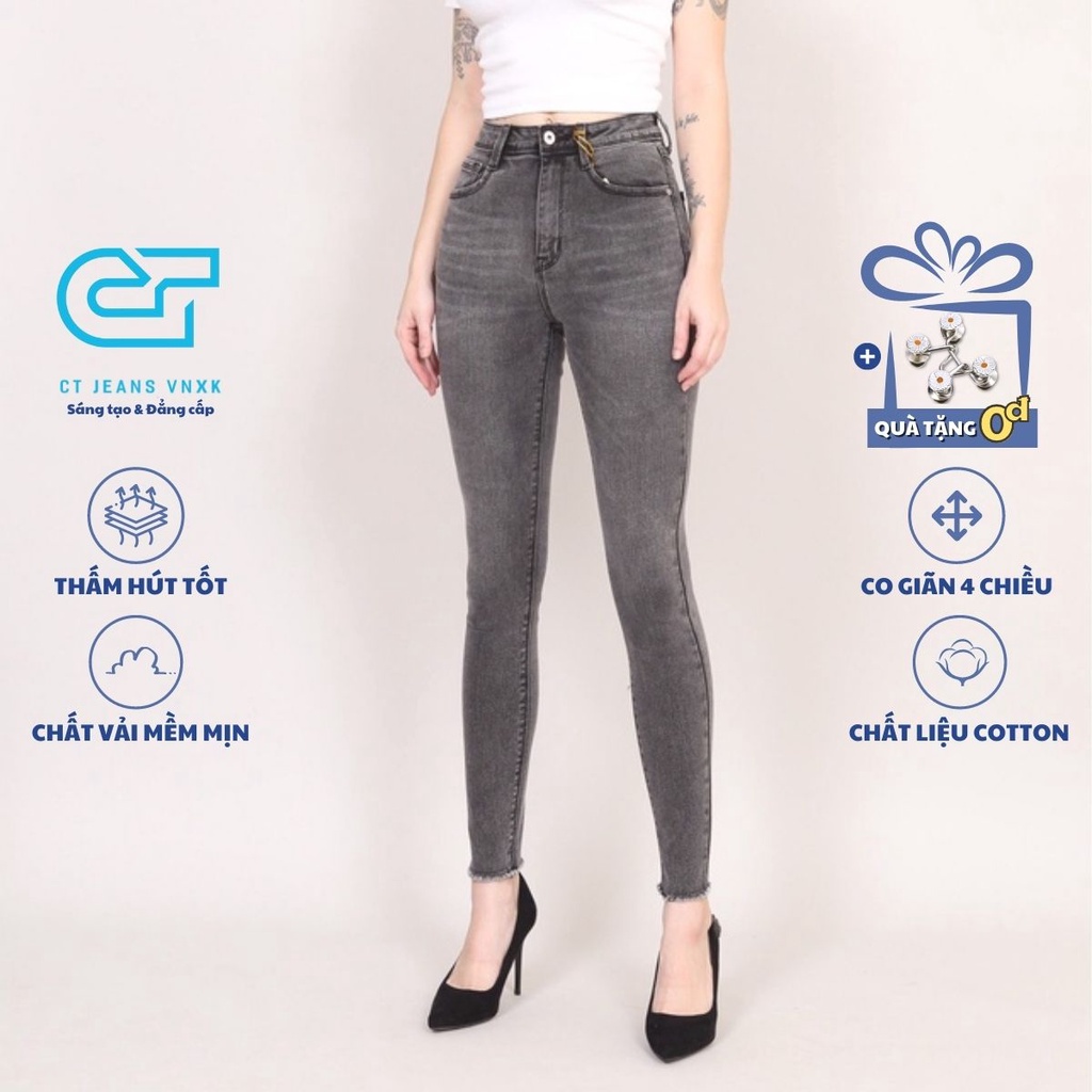 Quần Jean xám Skinny Lưng Cao co giãn Gấu Tua JEANUS