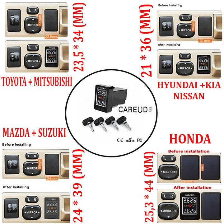 Bộ cảm biến áp suất lốp trong Careud lắp nút chờ xe hơi, ô tô: Toyota-hyundai-mazda-kia-mitsubishi-nissan-honda-suzuki