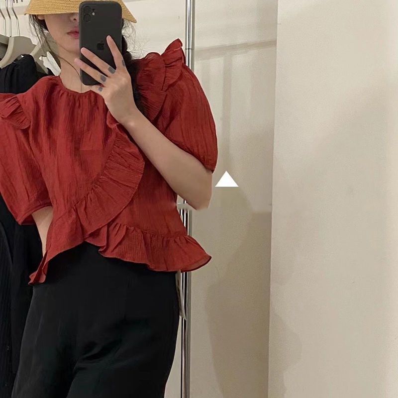 Áo Kiểu Tay Ngắn Phối Bèo Thời Trang Dành Cho Nữ