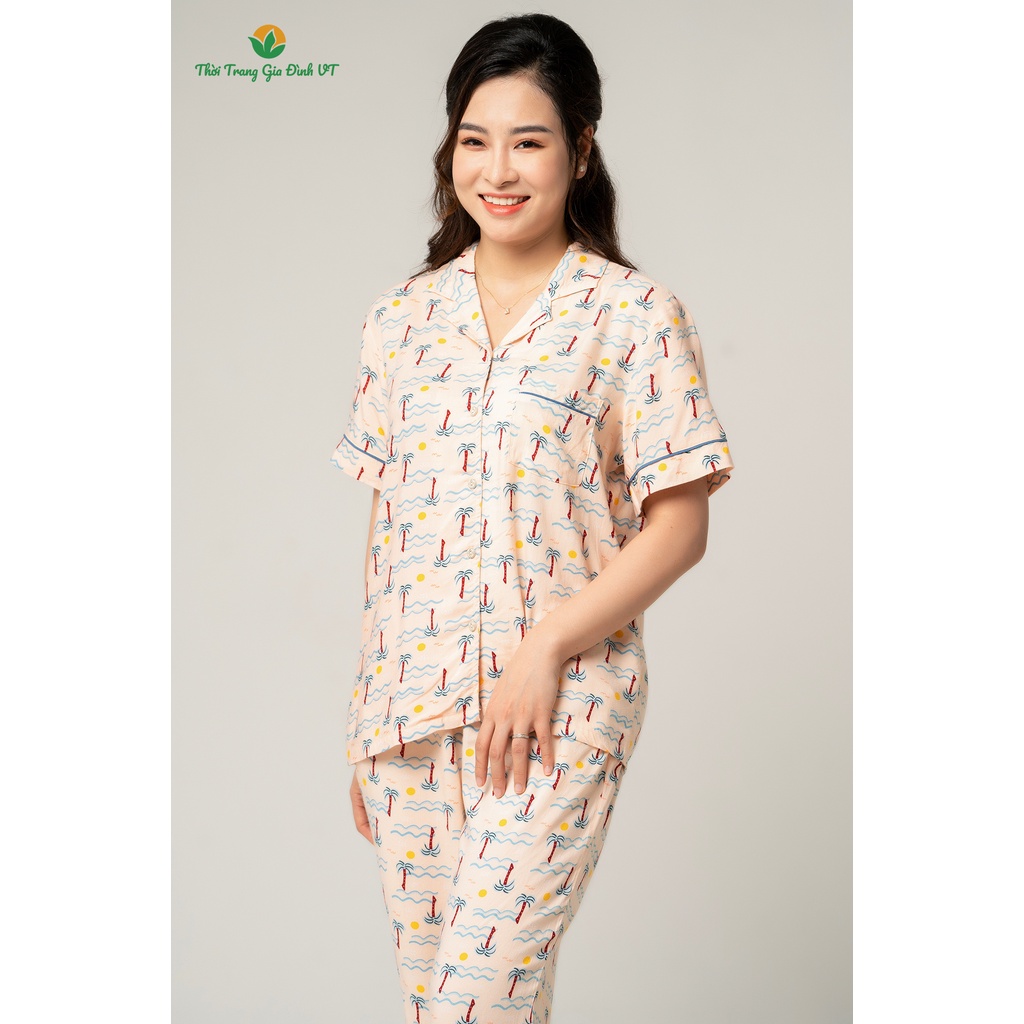 [Mã WABR1512 giảm 12% đơn 99k] Bộ pyjama lanh nữ quần lửng áo cộc tay VT B06.2116 - Chất lanh mềm, nhẹ, mặc thoải mái