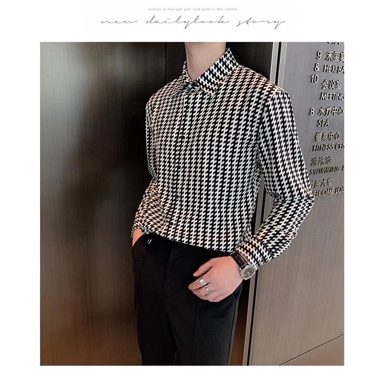 Áo Sơ Mi Nam Dài Tay Họa Tiết Caro Trắng Đen Thời Trang