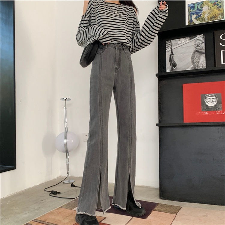 Quần jean ống rộng lưng cao xẻ tà thiết kế mới thời trang theo phong cách hàn quốc cho nữ