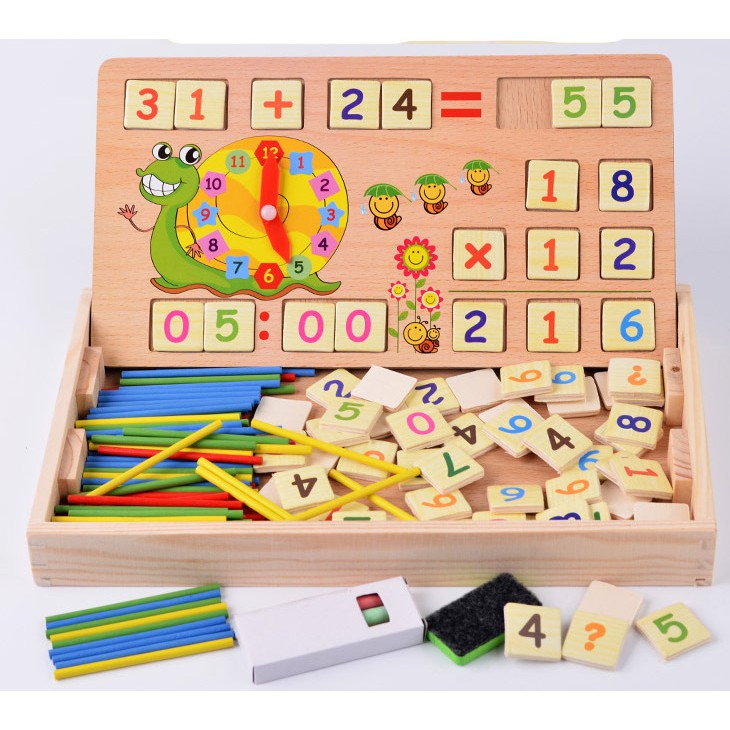 Bộ học toán thông minh - bảng ghép gỗ 2 mặt - có đồng hồ học giờ - Baby Toys - dochoigo017