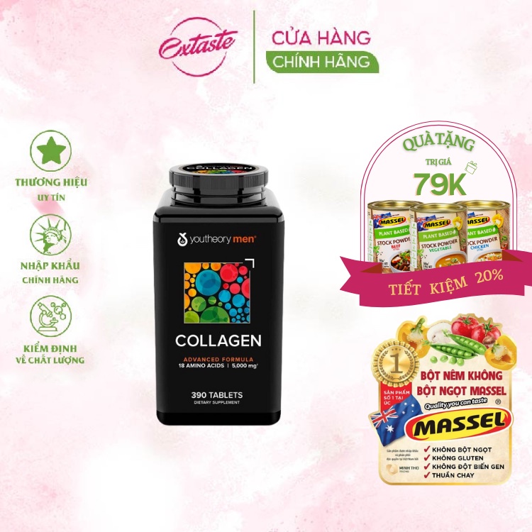 Viên uống bổ sung collagen Youtheory Collagen Type 1,2,3 Healthy Care Extaste dành cho nam chống lão hóa đẹp da