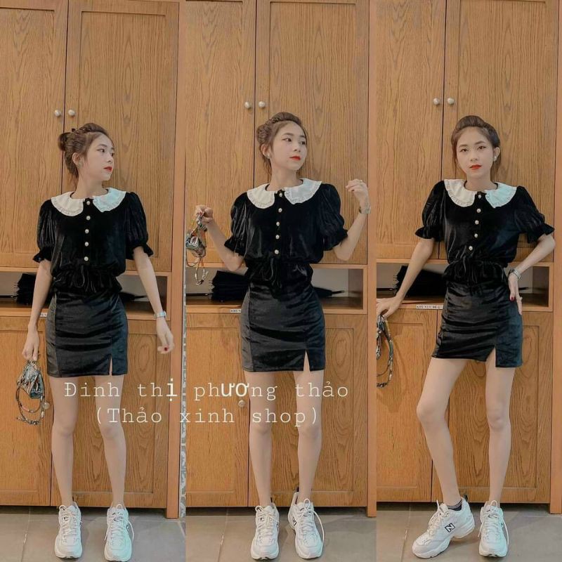 Set nhung áo đen cổ sen rút dây eo + chân váy xẻ